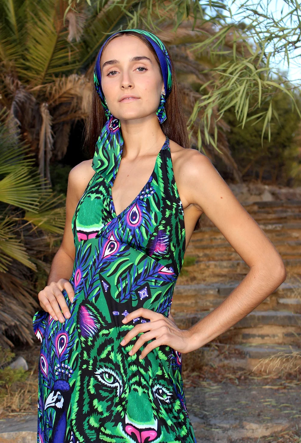 Pavone Viola&Tigre Vestito Backless Lungo