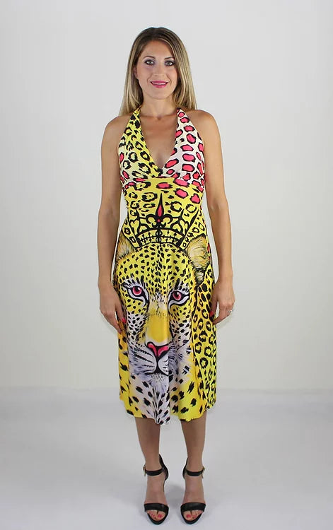 Leopardo Giallo Vestito Lungo Backless