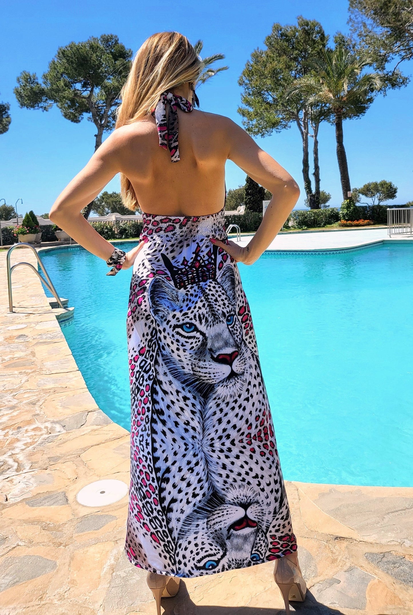 Leopardo Bianco Vestito Lungo Backless