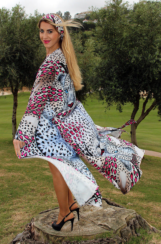 Leopardo Bianco Kimono Lungo